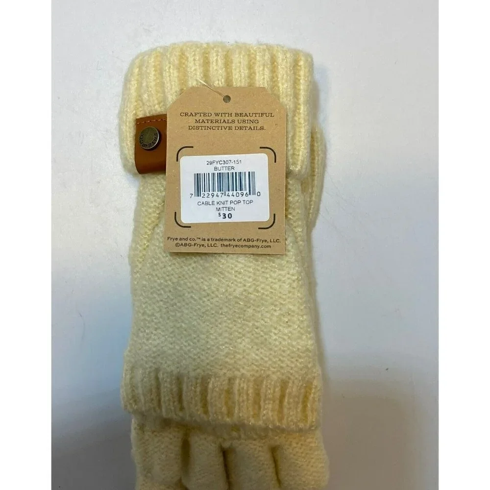 Frye & Co ‎ NWT Womens Butter Creamy Tan Cable Knit Pop Top Mitten Gloves-OSFM
